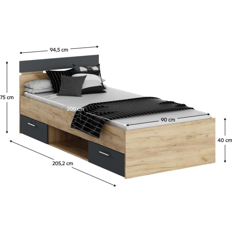 Postel MICHIGAN NEW 90x200 dub artisan grafit s úložným prostorem