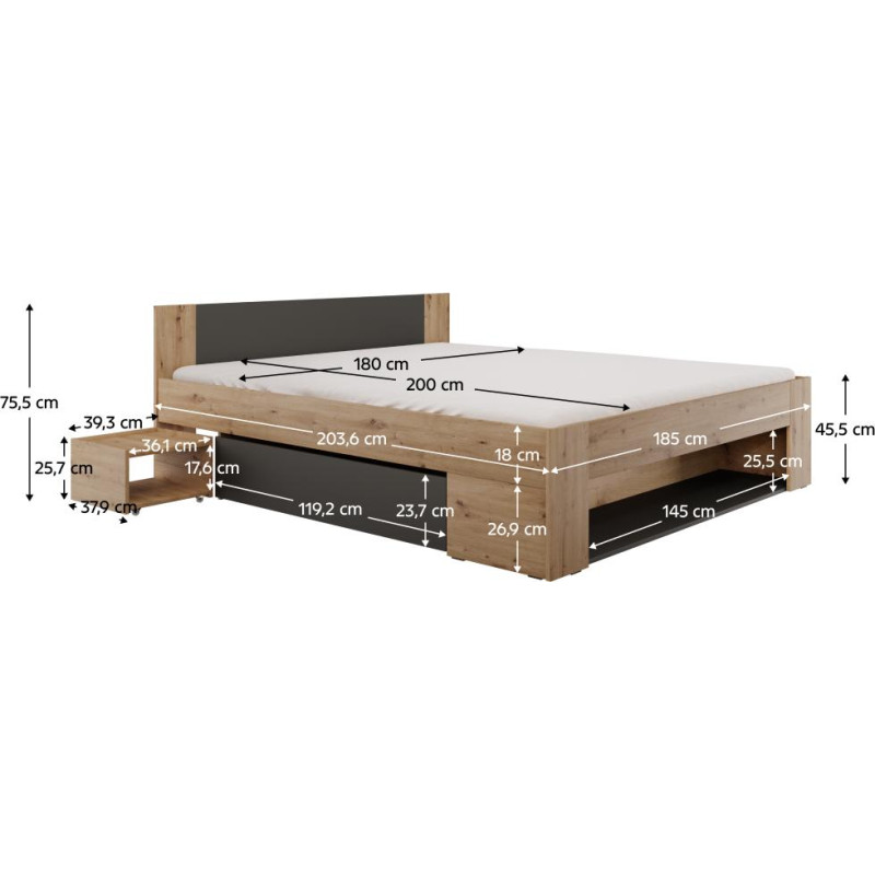 Postel UNIS 180x200 dub artisan antracit s úložným prostorem