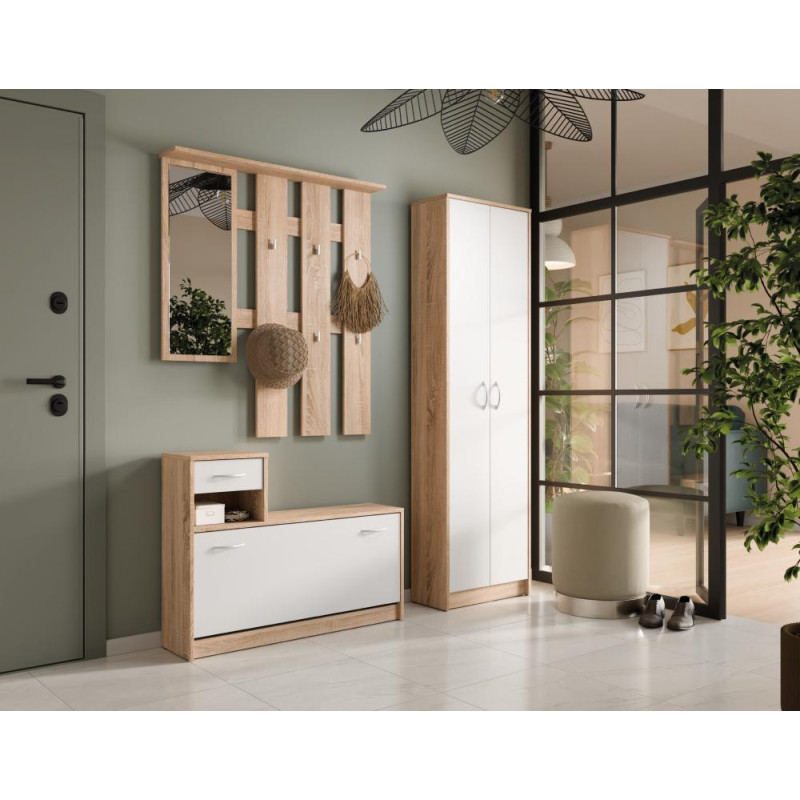 Úzká skříň VIRA-MECKI NEW dub sonoma bílá s policemi