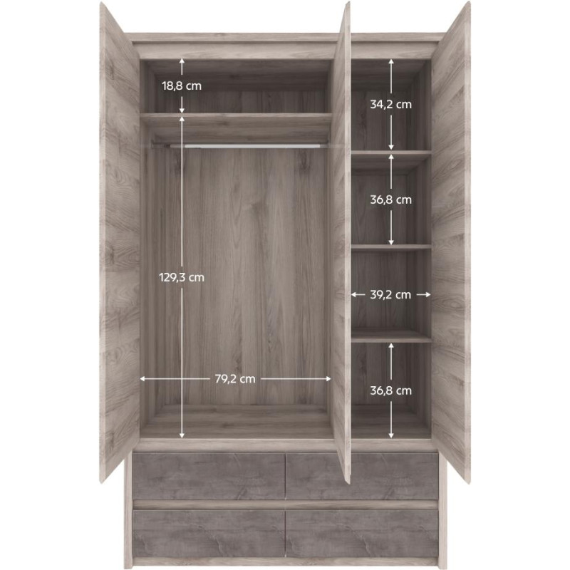 Šatní skříň JESI NEW 3D4S se zrcadlem kaštan/onyx