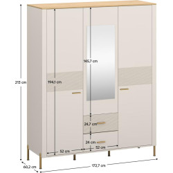 Šatní skříň RUNOL 3D2S se zrcadlem kašmír/dub kamenný