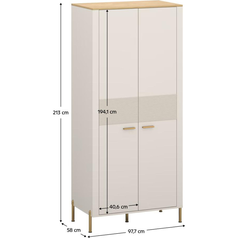 Šatní skříň RUNOL 2D kašmír/dub kamenný s věšákovou tyčí