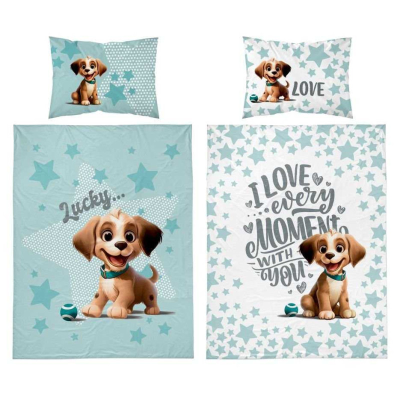 Bambusové povlečení  VESELÝ PEJSEK oboustranné, tyrkysové 4784B