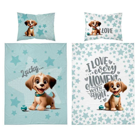 Bambusové povlečení do postýlky  VESELÝ PEJSEK oboustranné, světlé tyrkysové 4784B