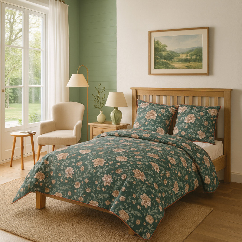 Francouzské 3dílné perkálové povlečení Romantic Garden zelené 5242A, 220x200+2X 70x80